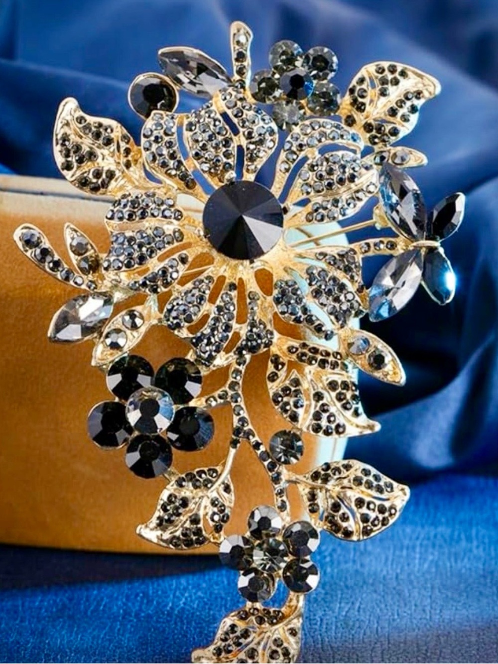Gold Floral Brooch  Lapel Pin with Black Crystals Vintage Look